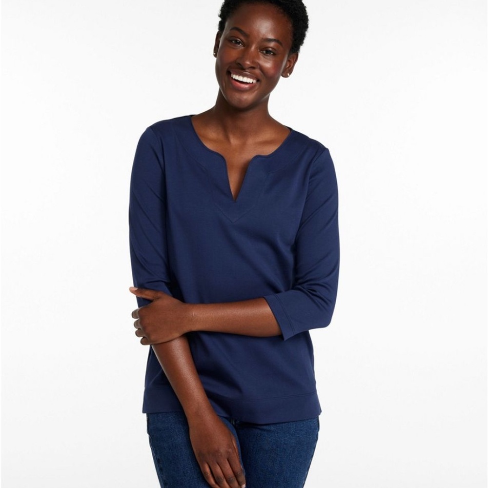 L.L.Bean Supima Cotton Split Neck Tunic Top Navy Blue 1X 3/4 Sleeve